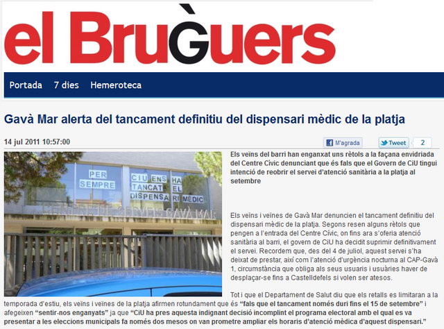 Notcia publicada per la web BRUGUERS.CAT sobre les protestes pel tancament del dispensari mdic de Gav Mar (14 de Juliol de 2011)